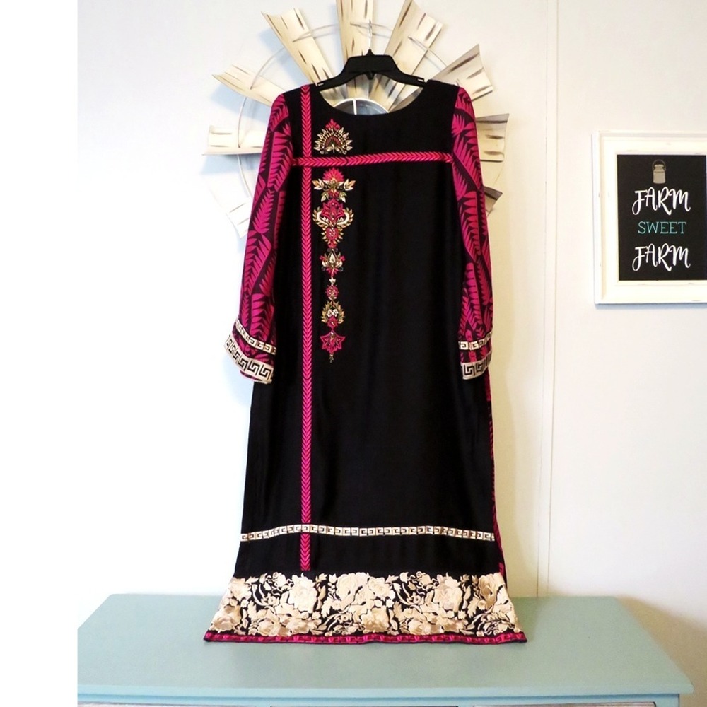 Embroidered Kaftan Maxi Dress –Beaded Floral Trim, Side Slits, Boho Ethnic Style - Picture 2 of 16